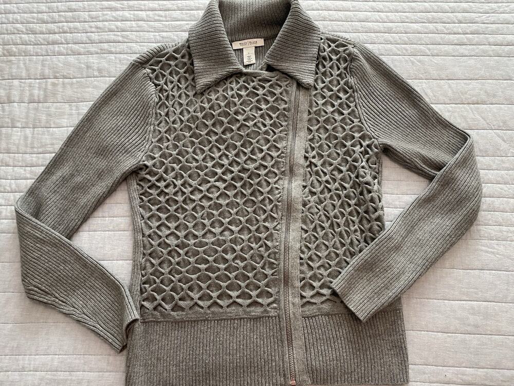White House Black Market LargeGray Moto Zip Honeycomb Knit Cardigan Sweater